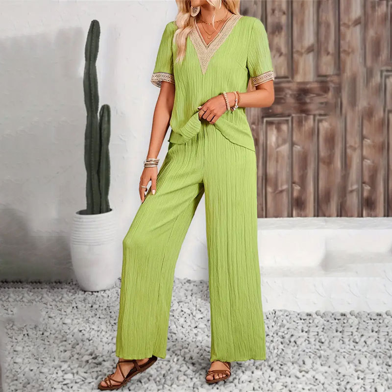 Two-Piece Lace Trim V-Neck Short-Sleeve Top & Wide-Leg Casual Pants Set