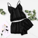 Women Sexy Sleeveless Lace Pajama Two-piece Set