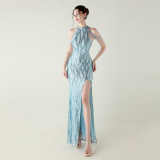 Women sequined sequined tube flower beaded sexy backless fishtail Formal Party evening dress