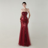 Women Strapless cross Lace-Up sequined tube flower sequined mesh evening dress Formal Party evening dress
