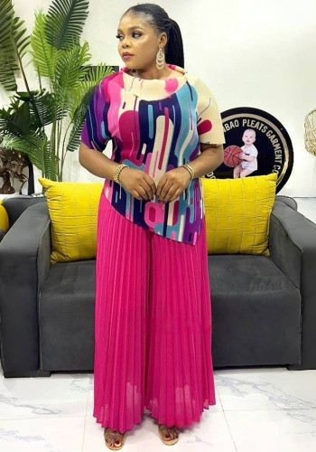 Plus Size African Women pleated irregular top and wide-leg pants two-piece set
