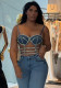 Women sexy bright diamond Denim suspender top