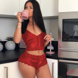 Women Sexy Sleeveless Lace Pajama Two-piece Set