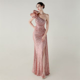 Women one-shoulder sequined flower beaded fishtail evening dress
