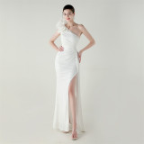 Women flower beaded one-shoulder Slash Shoulder fishtail evening dress