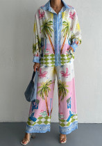 Women Style Printed Linen Long Sleeve Shirt and Pants Two-Piece Set