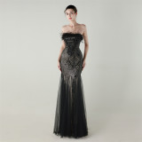 Women sequined tube flower ostrich feather Strapless cross Lace-Up Mesh Formal Party fishtail evening dress