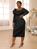 Solid Color Bell-Sleeve Back Slit Elegant Evening Gown