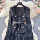 Women French Beaded Metal Button Square Collar Lace Patchwork Pleated Dress