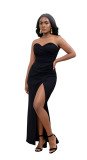 Solid Color Strapless Slit Long Dress