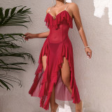 Mesh Deep V Back Lace-Up Nightgown High Slit Asymmetrical Pearl Embellished Loungewear