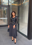 Women French Beaded Metal Button Square Collar Lace Patchwork Pleated Dress