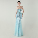 Women Strapless cross Lace-Up sequined tube flower sequined mesh evening dress Formal Party evening dress