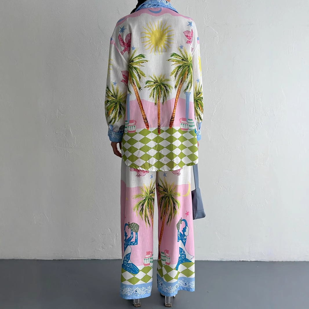Women Style Printed Linen Long Sleeve Shirt and Pants Two-Piece Set