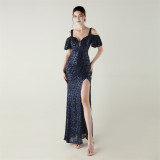 Women sequined sequined  short-sleeved off-shoulder V neck split fishtail Formal Party evening dress