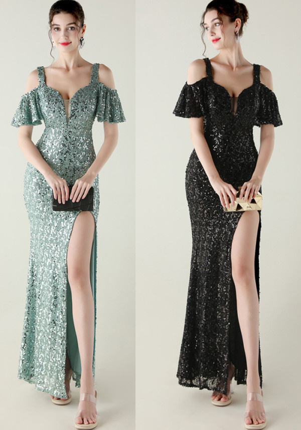 Women sequined sequined  short-sleeved off-shoulder V neck split fishtail Formal Party evening dress