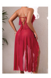Mesh Deep V Back Lace-Up Nightgown High Slit Asymmetrical Pearl Embellished Loungewear