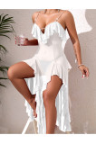 Mesh Deep V Back Lace-Up Nightgown High Slit Asymmetrical Pearl Embellished Loungewear