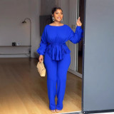 Women elegant lace drawstring long sleeve Top and Pants Two-piece Set