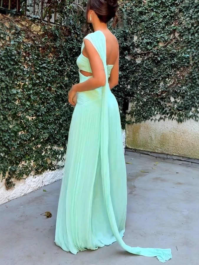 Women Strapless Pleated Ribbon Slit Dress