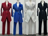 Plus Size African Women pleated Solid Blazer and Pant two-piece set