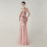 Women Strapless cross Lace-Up sequined tube flower sequined mesh evening dress Formal Party evening dress