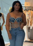 Women sexy bright diamond Denim suspender top