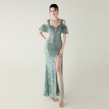 Women sequined sequined  short-sleeved off-shoulder V neck split fishtail Formal Party evening dress