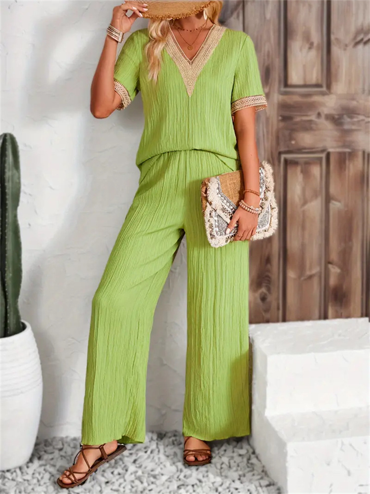 Two-Piece Lace Trim V-Neck Short-Sleeve Top & Wide-Leg Casual Pants Set