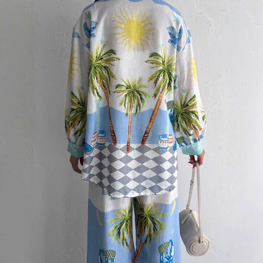 Women Style Printed Linen Long Sleeve Shirt and Pants Two-Piece Set