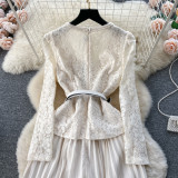Women French Beaded Metal Button Square Collar Lace Patchwork Pleated Dress