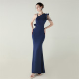 Women satin one-shoulder beaded Formal Party hollow ruffle fishtail evening dress
