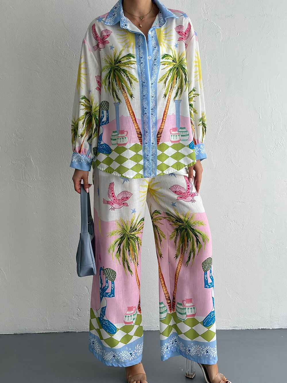 Women Style Printed Linen Long Sleeve Shirt and Pants Two-Piece Set