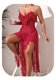 Mesh Deep V Back Lace-Up Nightgown High Slit Asymmetrical Pearl Embellished Loungewear