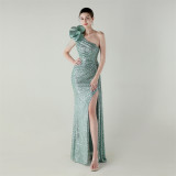 Women flower beaded one-shoulder Slash Shoulder fishtail evening dress