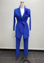 Plus Size African Women pleated Solid Blazer and Pant two-piece set