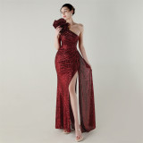Women one-shoulder sequined flower beaded fishtail evening dress
