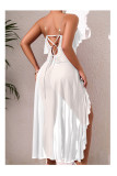 Mesh Deep V Back Lace-Up Nightgown High Slit Asymmetrical Pearl Embellished Loungewear