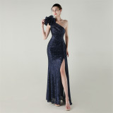 Women one-shoulder sequined flower beaded fishtail evening dress
