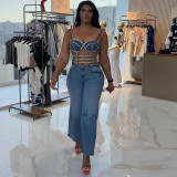 Women sexy bright diamond Denim suspender top