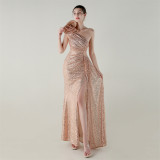 Women one-shoulder sequined flower beaded fishtail evening dress