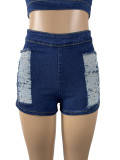 Women Stretch Ripped Strapless Denim Top and Denim Shorts Set of Two