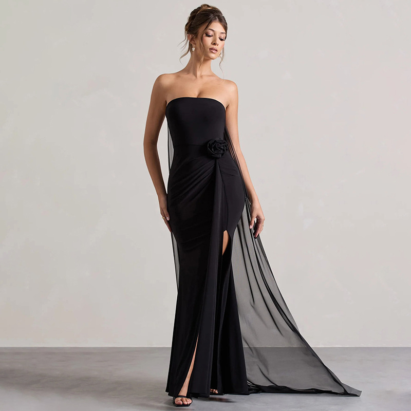 Women Strapless Flower Ribbon Slit Dress Tailed Maxi Dress