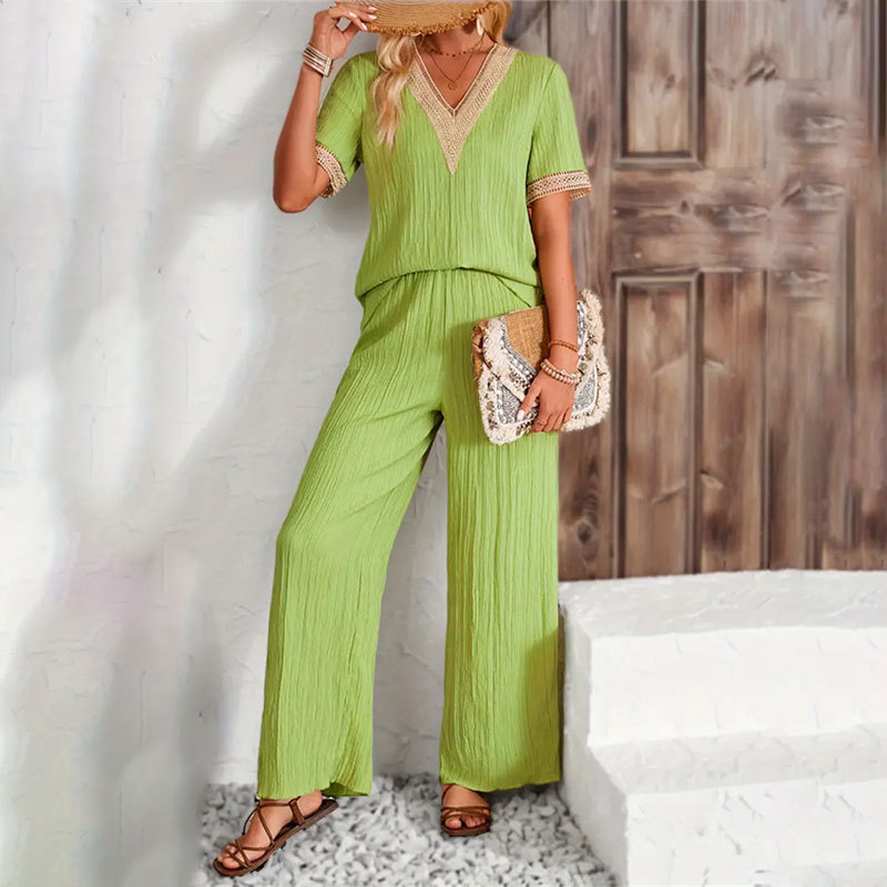 Two-Piece Lace Trim V-Neck Short-Sleeve Top & Wide-Leg Casual Pants Set