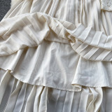 Women French Beaded Metal Button Square Collar Lace Patchwork Pleated Dress
