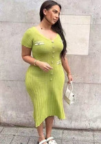 Women summer v-neck contrast short-sleeved elegant knitting dress Women summer v-neck contrast short-sleeved elegant knitting dress