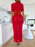 Sexy V-neck lacemsh Short Sleeve Slit Nightdress