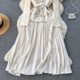 Women French Beaded Metal Button Square Collar Lace Patchwork Pleated Dress
