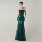Women sequined tube flower ostrich feather Strapless cross Lace-Up Mesh Formal Party fishtail evening dress