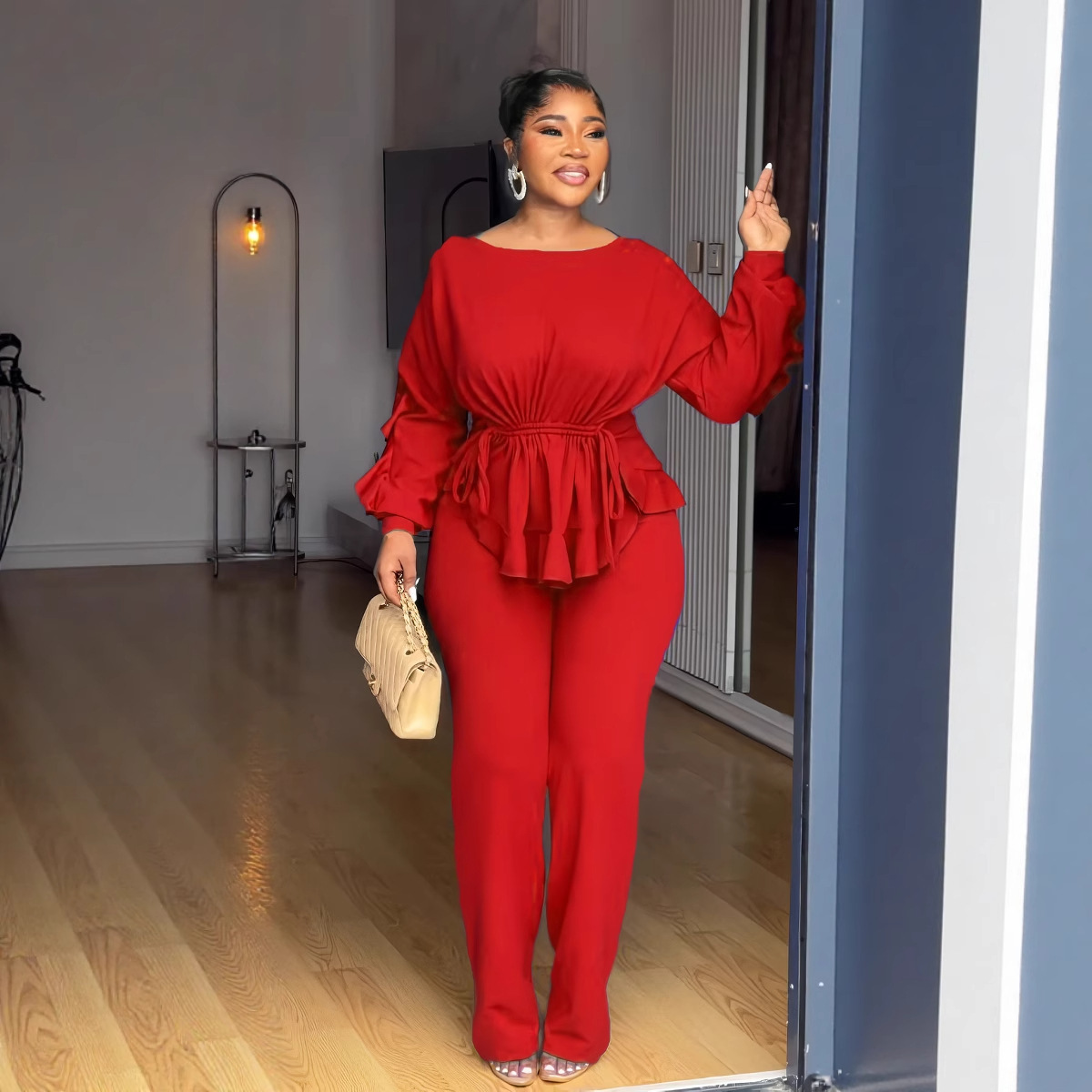 Women elegant lace drawstring long sleeve Top and Pants Two-piece Set